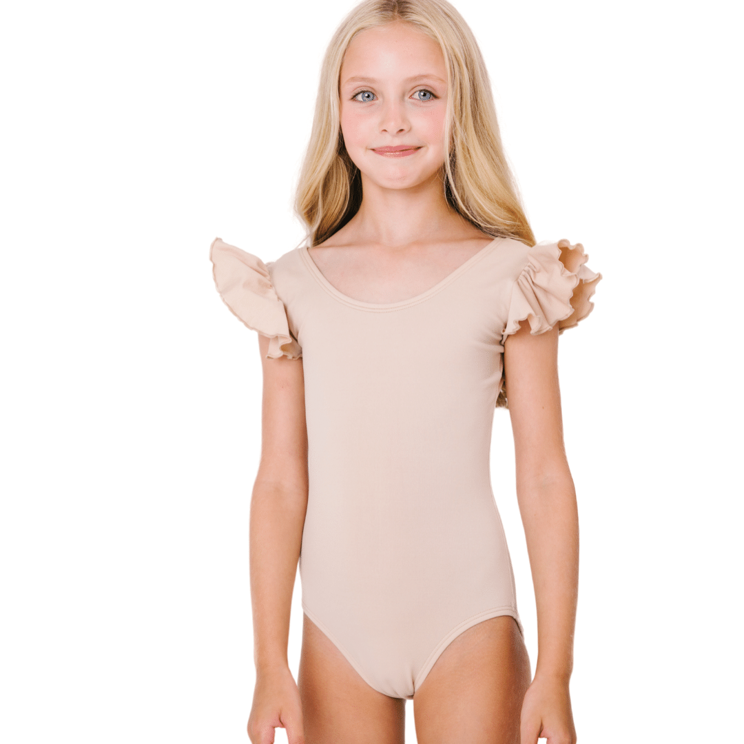 Dance_BalletLeotardinNude_BeigeforGirls.png Nude/Beige Leotard with Flutter/Ruffle Short Sleeve for Toddler & Girls