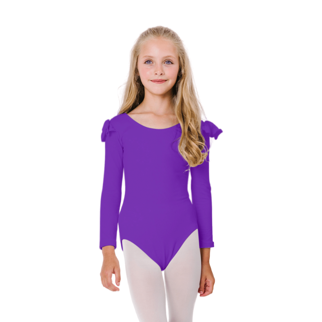 GirlsPurpleRuffleLongSleeveDanceLeotard.png Purple Long Sleeve Leotard with Ruffle