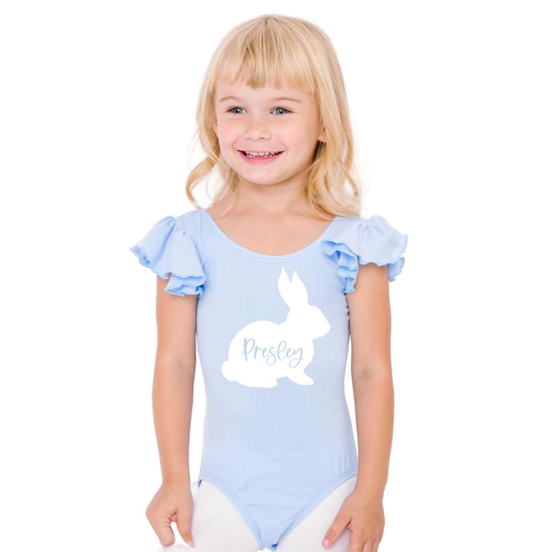 PersonalizedBunny.png Little Cottontail Personalized Leotard with Flutter/Ruffle Short Sleeve for Toddler & Girls